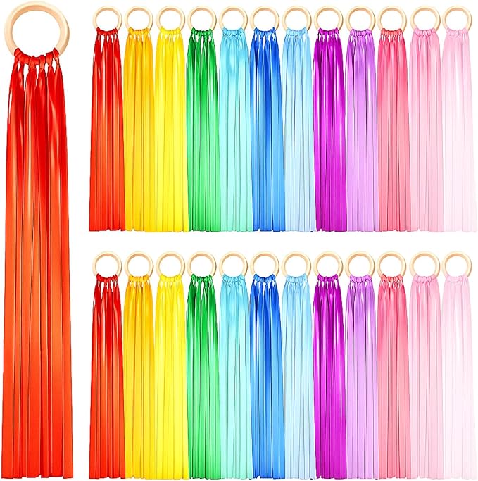 Junkin Ribbon Rings Hand Kite Waldorf Toys Dancing Wrist Ribbons Rainbow Streamers with Wood Ring