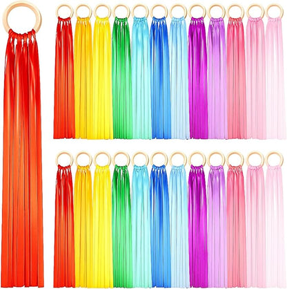 Junkin Ribbon Rings Hand Kite Waldorf Toys Dancing Wrist Ribbons Rainbow Streamers with Wood Ring