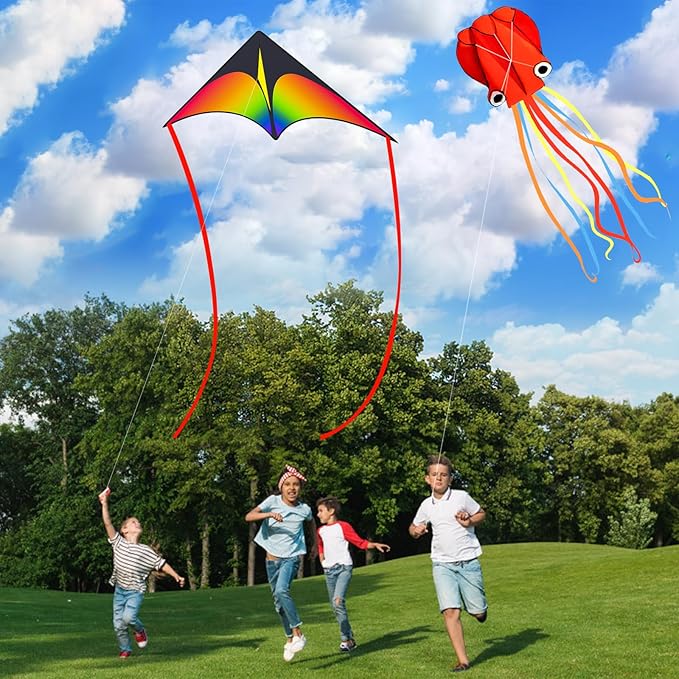 3 Pack Large Kites, Large Butterfly Kite, Colorful Delta and Red Octopus for Girls Boys Ages 4-8
