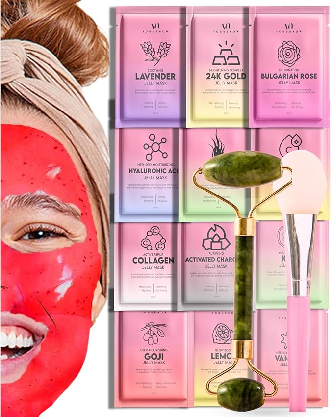 Jelly Mask for Facials - 12 Flavors Hydrating & Brightening Jelly Face Masks | Free Jade Roller &