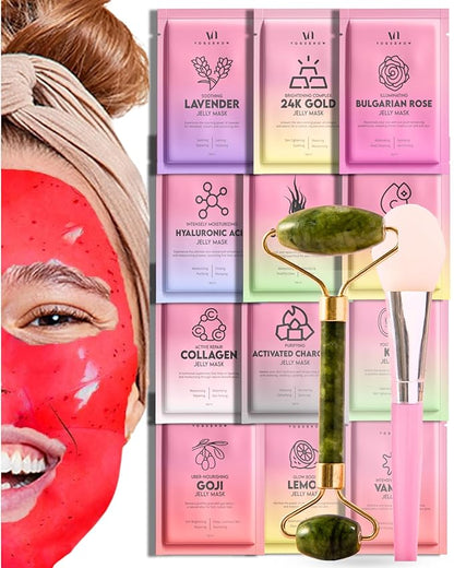 Jelly Mask for Facials - 12 Flavors Hydrating & Brightening Jelly Face Masks | Free Jade Roller &
