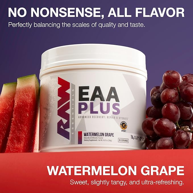 RAW EAA Plus, Amino Acids Powder, Watermelon Grape (30 Servings) - Pre Workout Amino Energy Powder