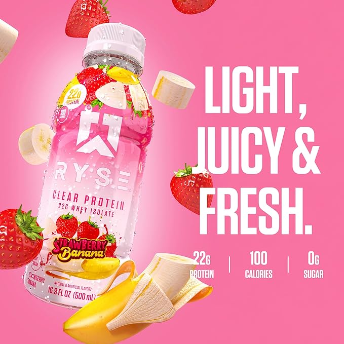 RYSE Clear Protein Shake - Strawberry Banana - 100 Calories, 22g Whey Isolate Protein, Sugar-Free