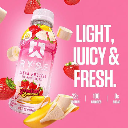 RYSE Clear Protein Shake - Strawberry Banana - 100 Calories, 22g Whey Isolate Protein, Sugar-Free