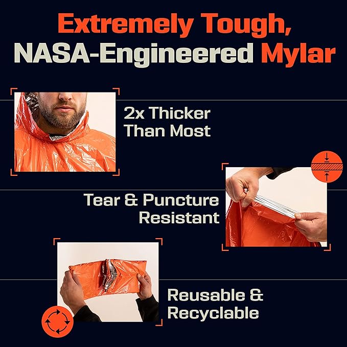 PREPARED4X Emergency Poncho and Mylar Blanket Liner - Waterproof, Wind-Resistant Outdoor Rain