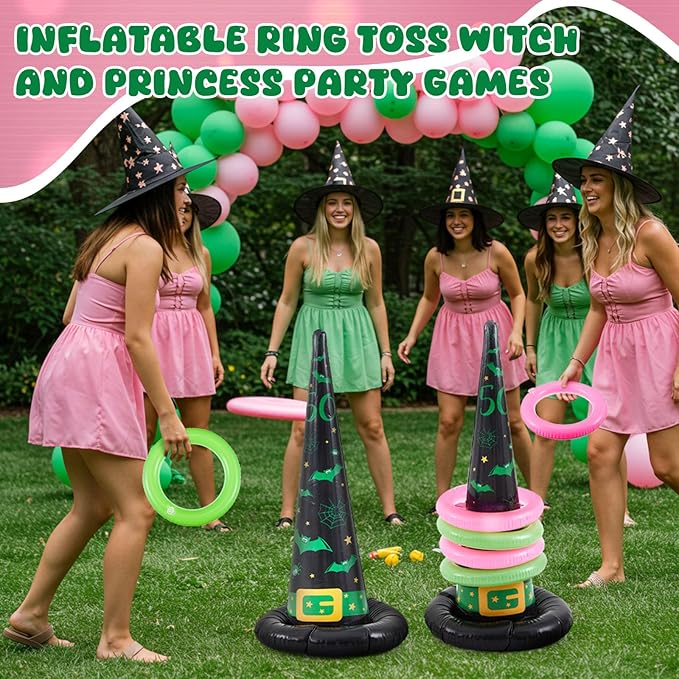 Leitee 10 Pcs Halloween Inflatable Witch Hat Ring Toss Game Set Carnival Pink and Green Inflatable