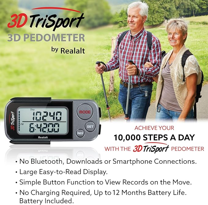3DTriSport Walking 3D Pedometer with Clip & Strap, eBook Included | 30 Days Memory, Accurate Step