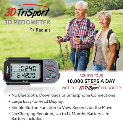 3DTriSport Walking 3D Pedometer with Clip & Strap, eBook Included | 30 Days Memory, Accurate Step