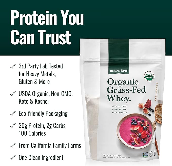 Natural Force Grass Fed Organic Whey Protein Powder - Non GMO, Keto Friendly, Low Carb, Kosher