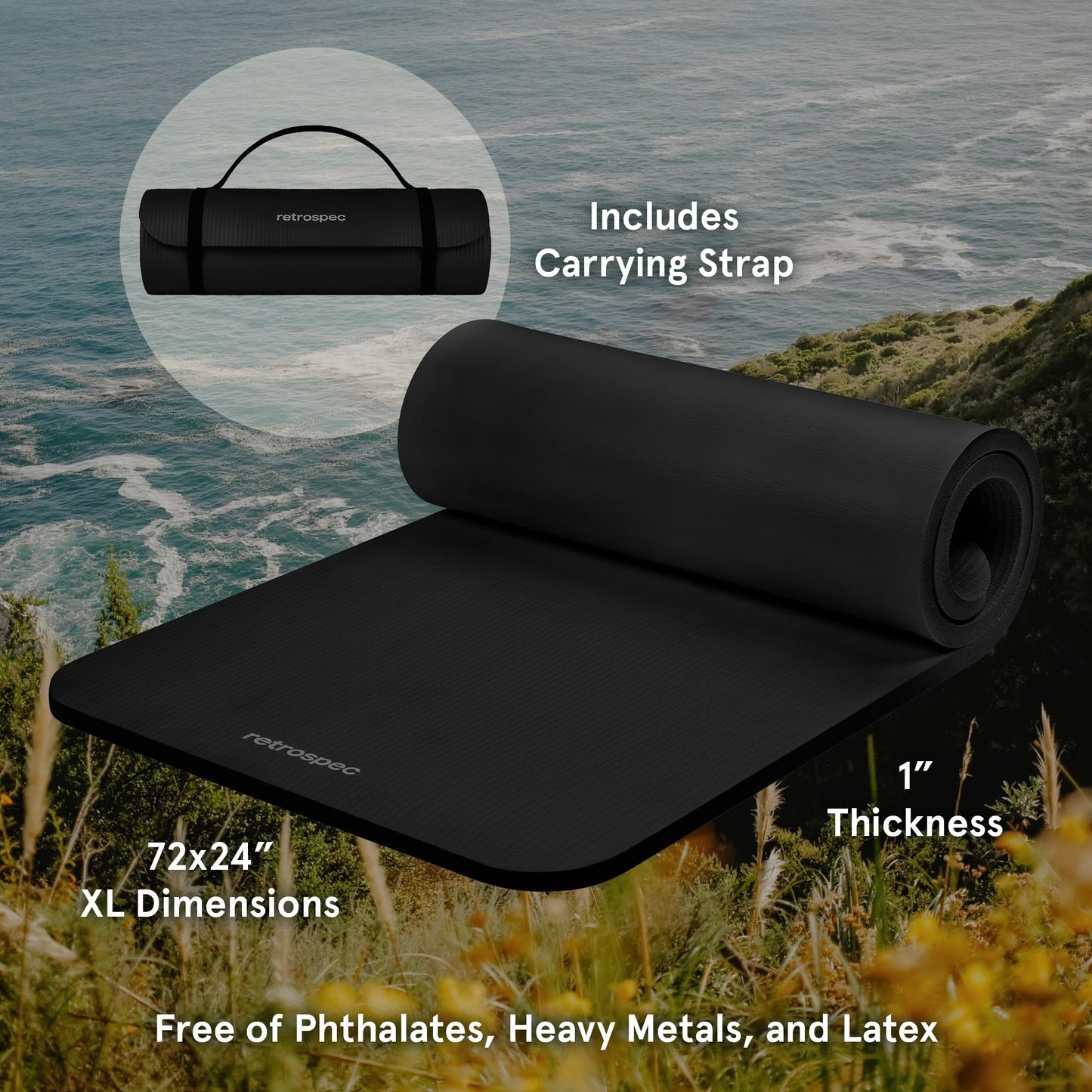 Retrospec Solana Yoga Mat 1" Thick w/Nylon Strap for Men & Women - Non Slip Exercise Mat for Home