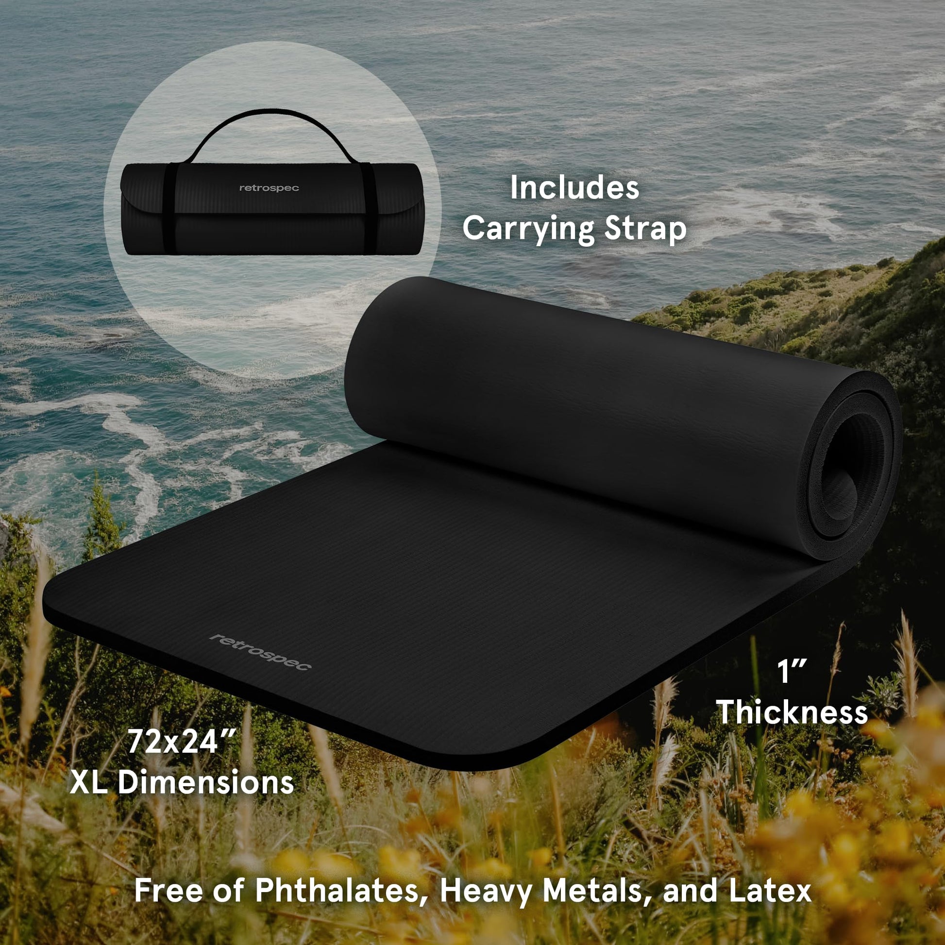 Retrospec Solana Yoga Mat 1" Thick w/Nylon Strap for Men & Women - Non Slip Exercise Mat for Home