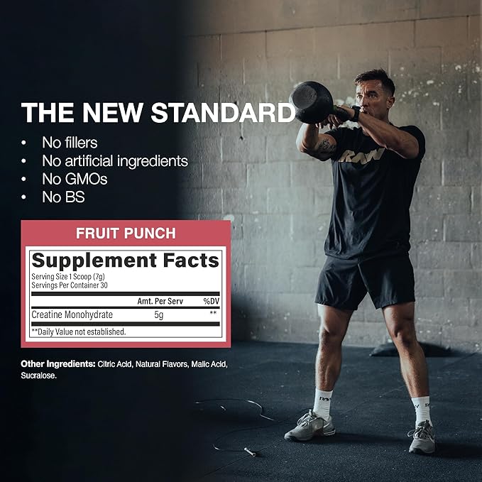 RAW Nutrition Creatine Monohydrate Powder, Fruit Punch (30 Servings) - Micronized Creatine