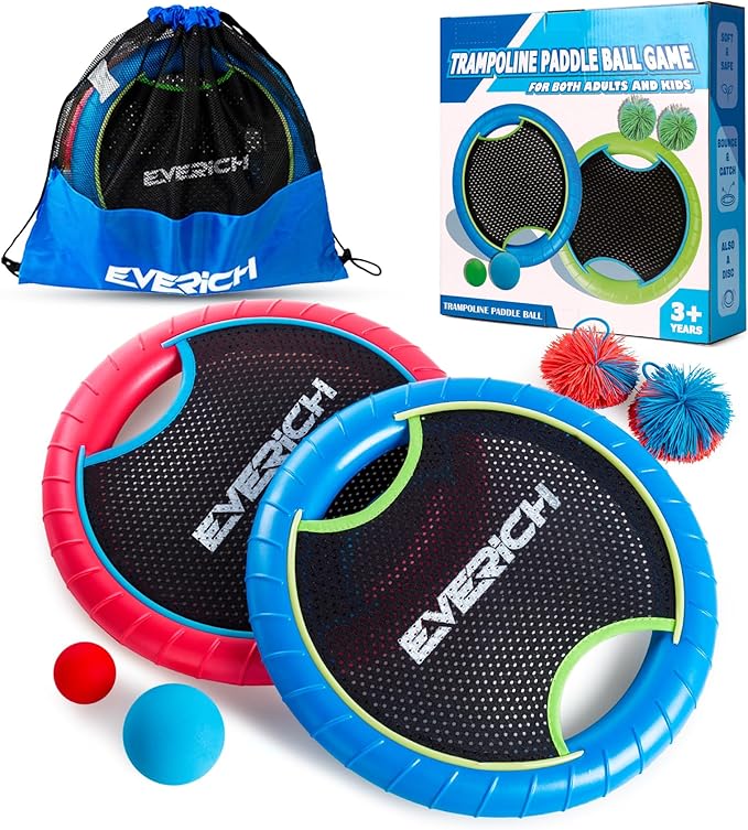 EVERICH TOY Trampoline Paddle Ball Set with 2 Bouncy Paddles & 4 Balls - Soft Foam Design for Kids