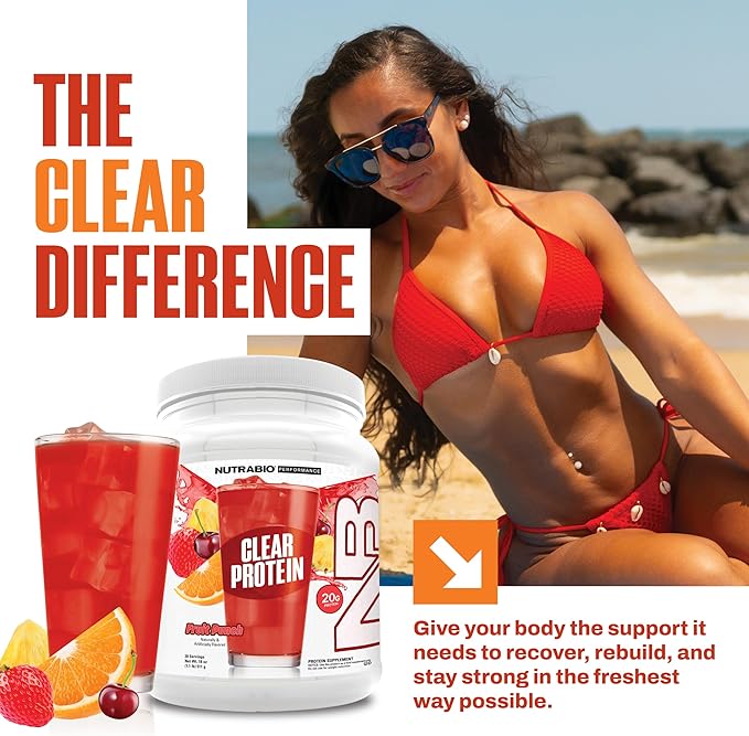 NutraBio Clear Protein Powder, Fruit Punch - 20 Servings, 20g Clear Whey Protein Isolate, 0 Sugar