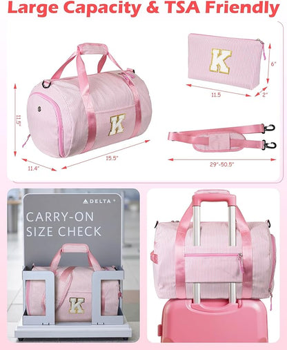 Girly Trendy Stuff, Girl Gym Bag, Kids Initial Overnight Duffel Bags with Shoe Compartment