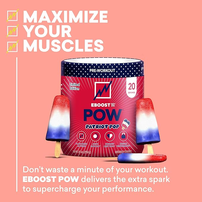 EBOOST POW Natural Pre Workout Powder - 20 Servings - Patriot Pop - Pre Workout Supplement for