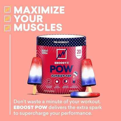 EBOOST POW Natural Pre Workout Powder - 20 Servings - Patriot Pop - Pre Workout Supplement for
