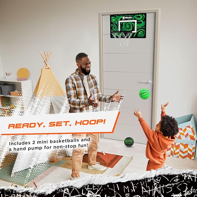 AND1 Over the Door Mini Basketball Hoop: 18x12 Shatterproof Backboard, 2 Mini Basketballs, and Hand