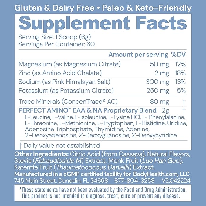 BodyHealth PerfectAmino Electrolyte Powder No Sugar, Hydration Fasting Keto Zero Sugar Electrolytes