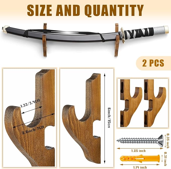 Chunful 2 Pcs Sword Wall Mount Sword Holder Katana Stand 1 Tier Katana Wall Mount Adjustable Hanger
