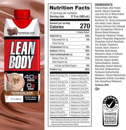 Lean Body Ready-to-Drink Chocolate Protein Shake, 40g Protein, Whey Blend, 0 Sugar, Gluten Free, 22