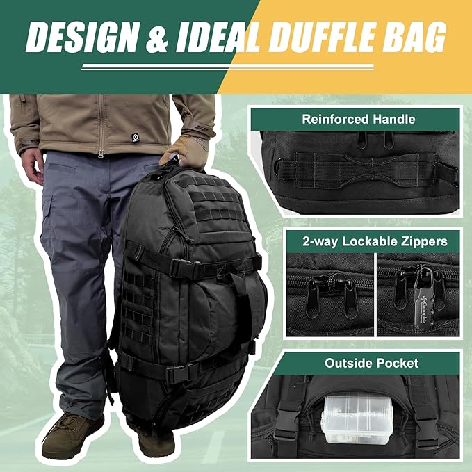 65L Large Travel Duffle Bag Military Tactical Backpack, Army Assault Pack 3 Day Bug Out Bag