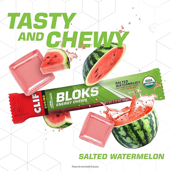 CLIF BLOKS - Salted Watermelon Flavor with 2X Sodium - Energy Chews - Non-GMO - Plant Based - Fast
