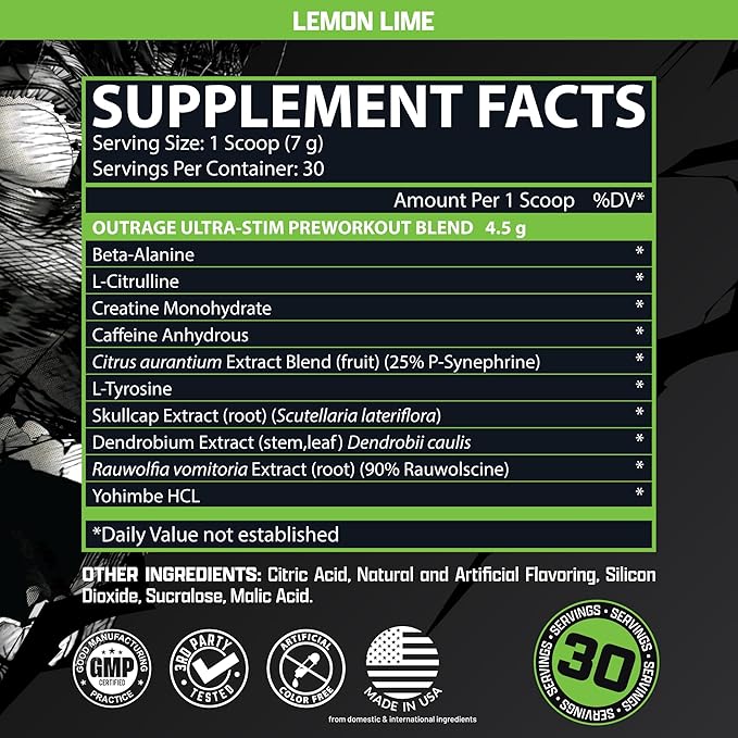 Outrage Ultra HIGH STIM Pre-Workout Powder for Men | 400mg Caffeine, L-Citrulline, Beta-Alanine