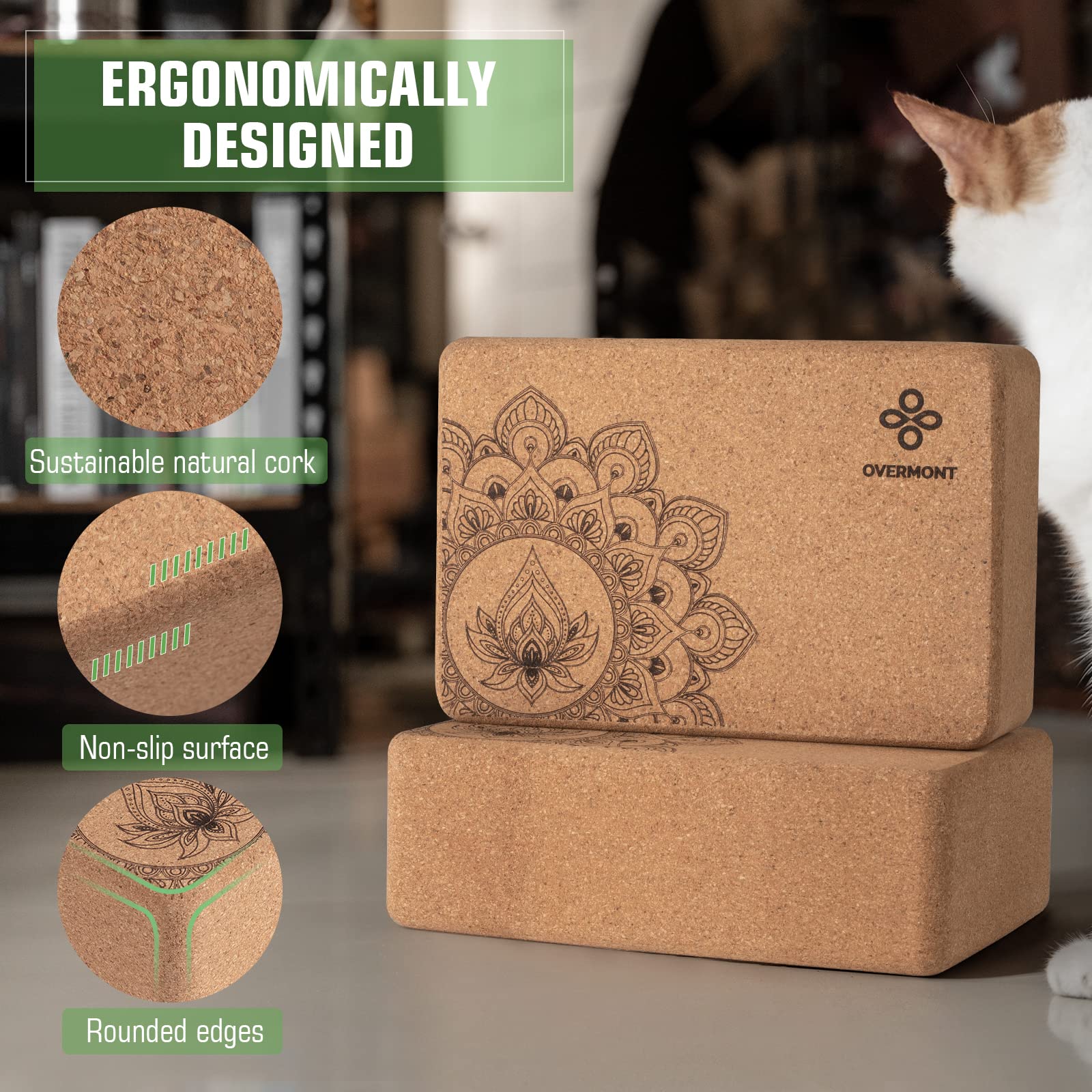 Overmont Cork Yoga Blocks 2 pack with 8ft Strap Natural Cork Bricks