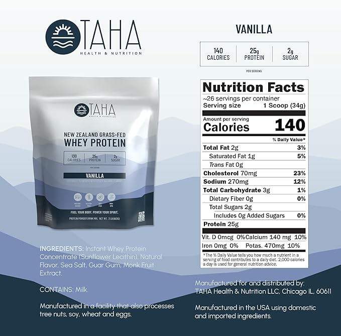 Taha Health & Nutrition Vanilla Flavored Whey Protein Concentrate Powder, 25g Protein, 140