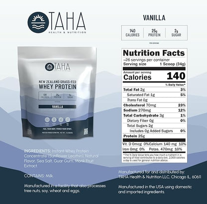 Taha Health & Nutrition Vanilla Flavored Whey Protein Concentrate Powder, 25g Protein, 140