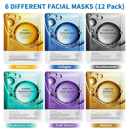 12 Pack Sheet Face Masks Skincare, Collagen Face Mask Hyaluronic Acid Hydrating Face Sheet Masks