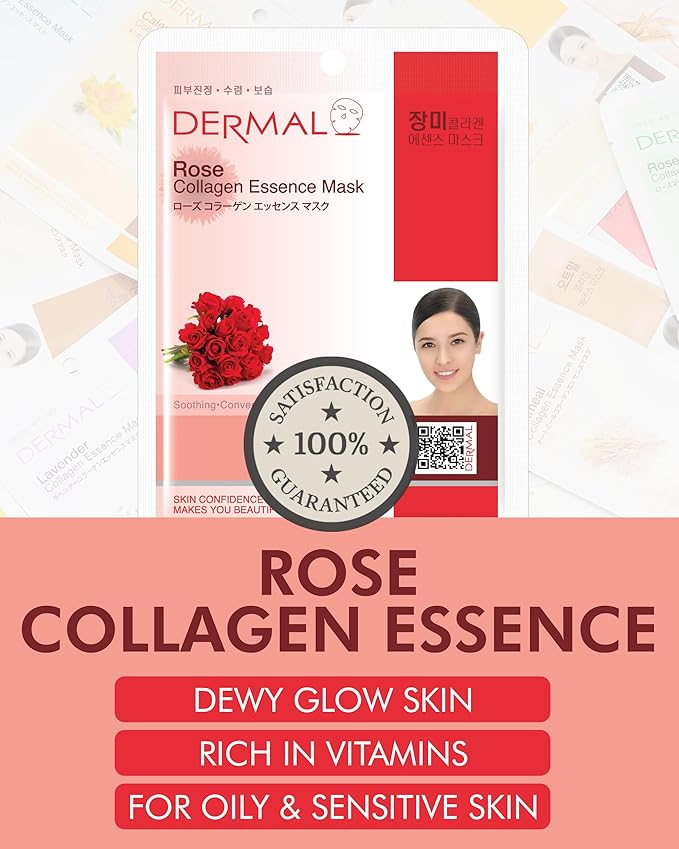 DERMAL Rose Collagen Essence Korean Facial Mask Sheet Pack of 10 - Reviving Tired Skin, Soothing &