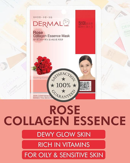 DERMAL Rose Collagen Essence Korean Facial Mask Sheet Pack of 10 - Reviving Tired Skin, Soothing &