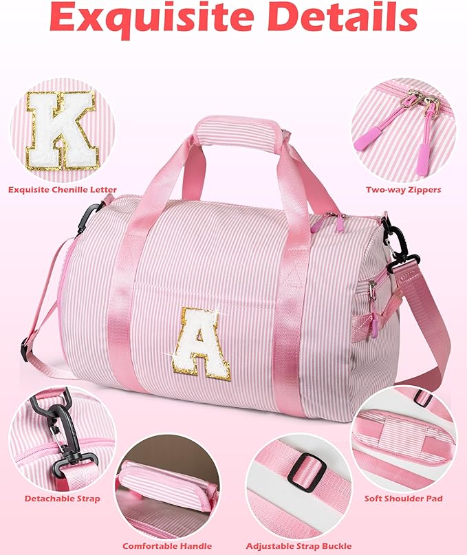 Gift for 5 6 7 8 9 Year Old Girls, Girl Gym Bag, Kids Initial Overnight Duffel Bags with Shoe