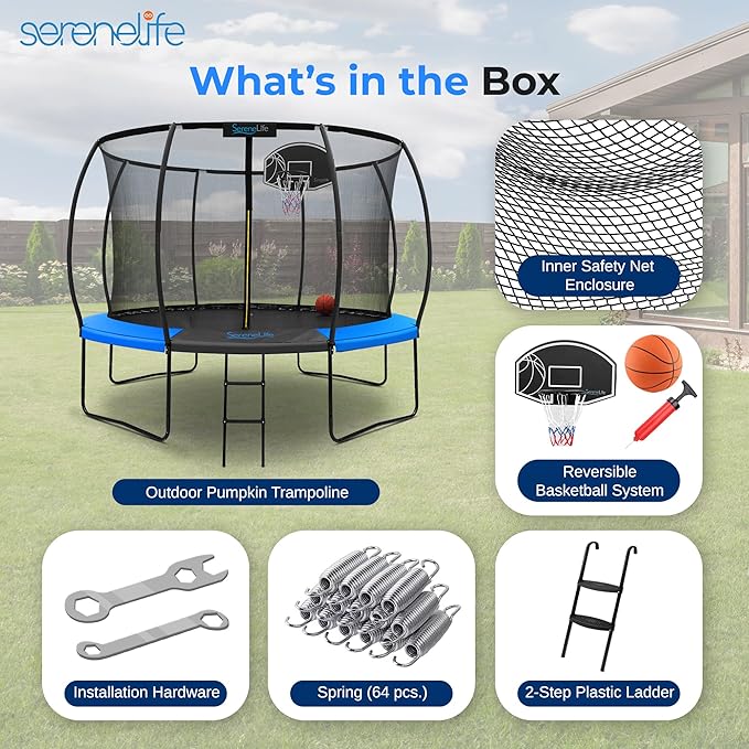 SereneLife 8FT 10FT 12FT 14FT Outdoor Trampoline for Kids - Recreational Backyard Trampoline with