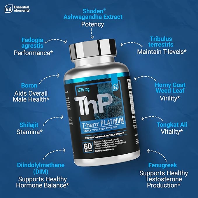 Essential Elements T-Hero Platinum Male Health Supplement for Mens Health - Muscle Growth Support &