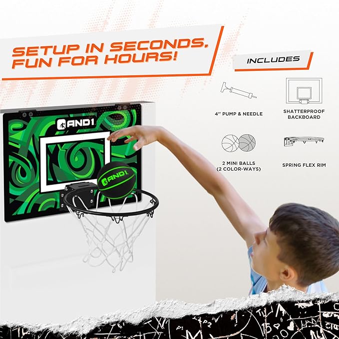 AND1 Over the Door Mini Basketball Hoop: 18x12 Shatterproof Backboard, 2 Mini Basketballs, and Hand