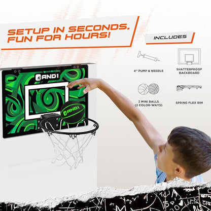 AND1 Over the Door Mini Basketball Hoop: 18x12 Shatterproof Backboard, 2 Mini Basketballs, and Hand