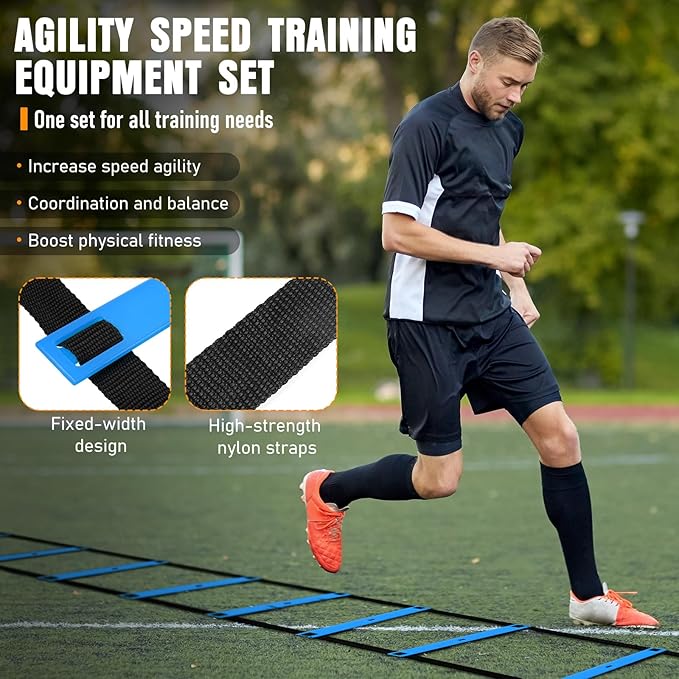 Agility Ladder, Speed Training Equipment Set, 20ft Agility Ladder, 12 Soccer Cones, 4 Hurdles, Jump