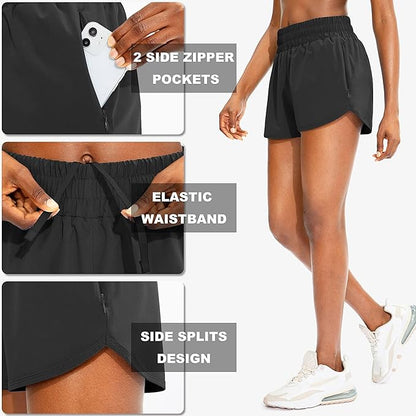 SANTINY Women's Running Shorts with Zip Pockets High Waisted Athletic Workout Gym Shorts for Women