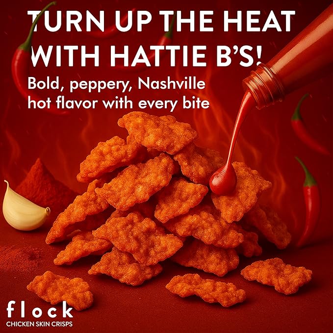 Flock Keto Chicken Skin Chips | Hattie Bs Nashville Hot Flavor | Keto Friendly, Low Carb, High