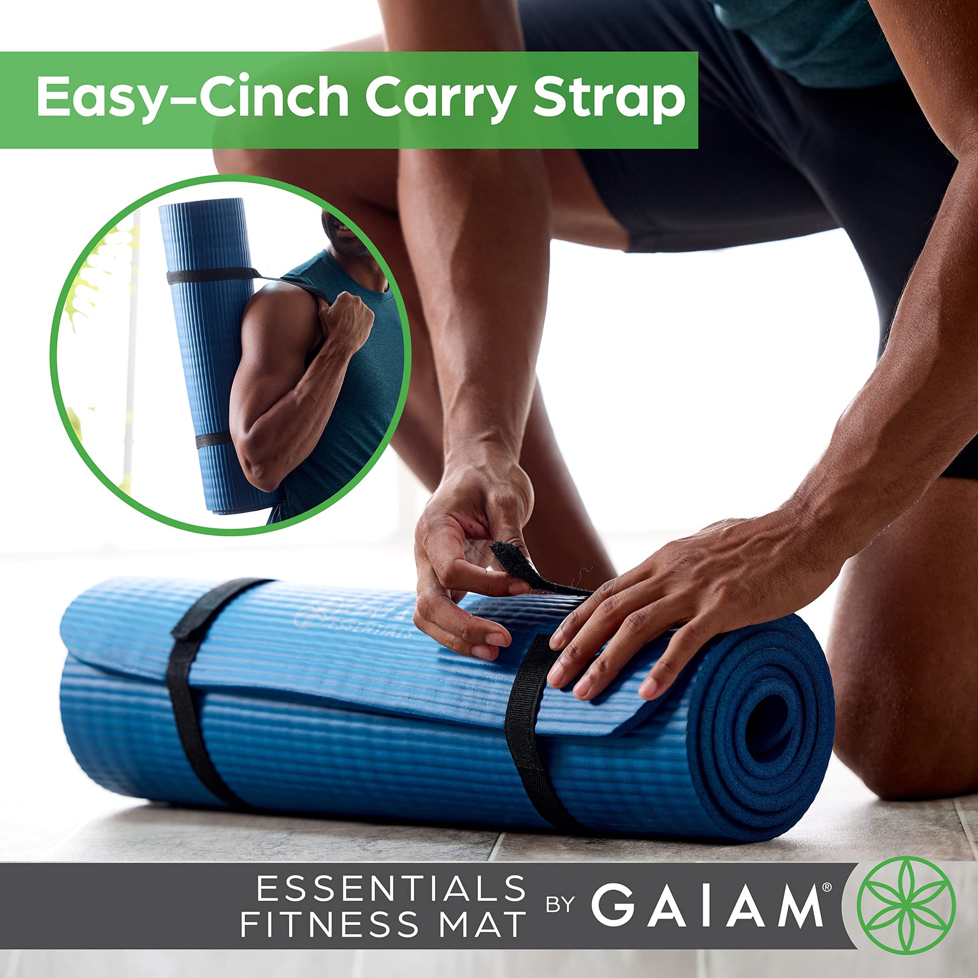 Gaiam Essentials Thick Yoga Mat Fitness & Exercise Mat with Easy-Cinch Carrier Strap, Navy, 72"L X