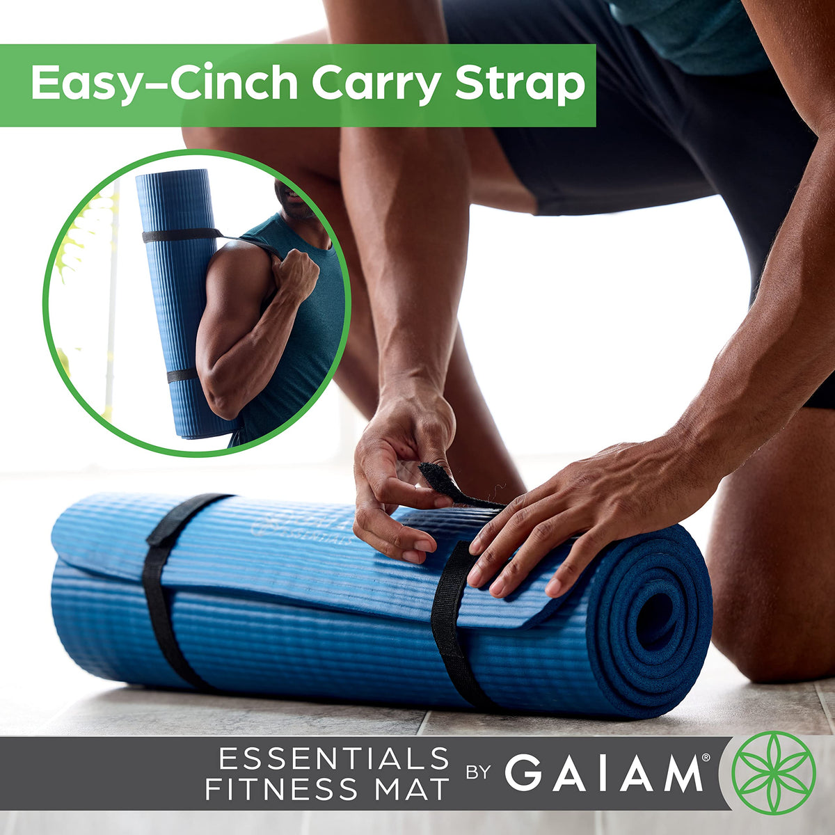 Gaiam Essentials Thick Yoga Mat with Easy-Cinch Strap (Black, 10mm)