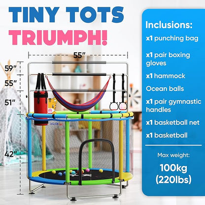 Toddler Trampoline for Kids Ages 3-8 - 5 ft Toddler Trampoline with Net, Basketball Hoop, Ocean