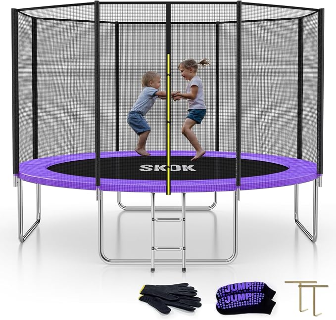 SKOK Trampoline 8FT 10FT 12FT 14FT 15FT Trampolines with Enclosure Net, 400LBS Outdoor Trampolines