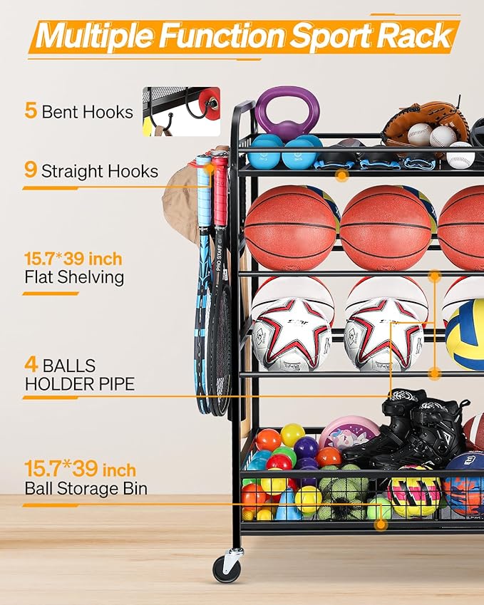 Garage Sports Equipment Organizer - Rolling Ball Storage Bin with Wheels, Garage Sports Gear Rack