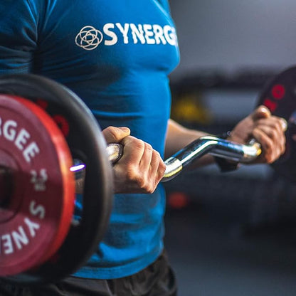 Synergee Commercial EZ Curl Olympic Bar Chrome & Black Phosphate with Powder Coated Brass Bushings