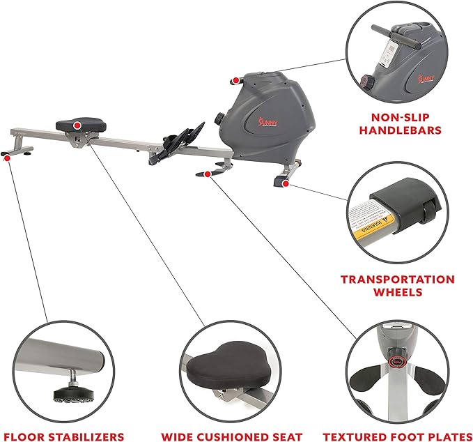 Sunny Health & Fitness Multi-Function Premium Magnetic Rowing Machine, Bicep Curls, Upward Rows