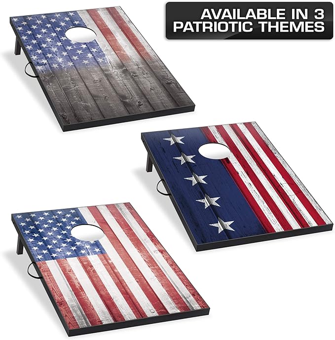 Wild Sports 2’x3’ or 2’x4’ Cornhole Outdoor Game Set, USA Flag or Natural Wood Options with Carry